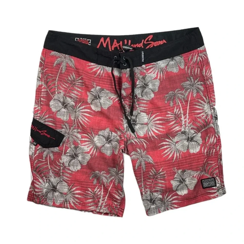 SH424 Mens Maui and Sons Aloha Floral Hibiscus Print Beach Flex Board Shorts 38
